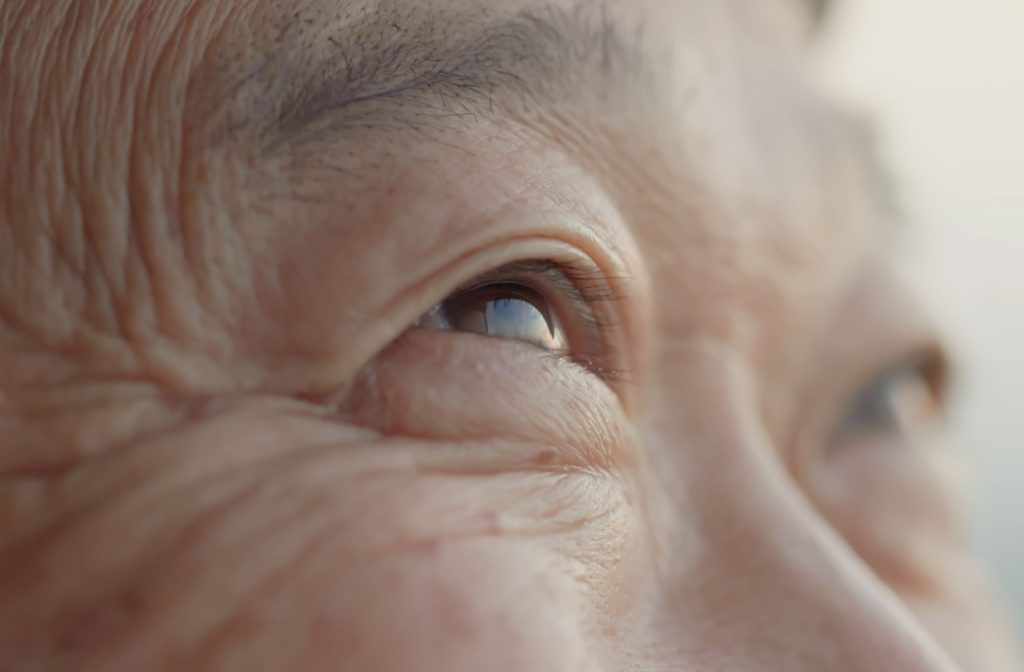 Close-up of an older man's brown eye, showing detailed texture and age-related changes in the iris.