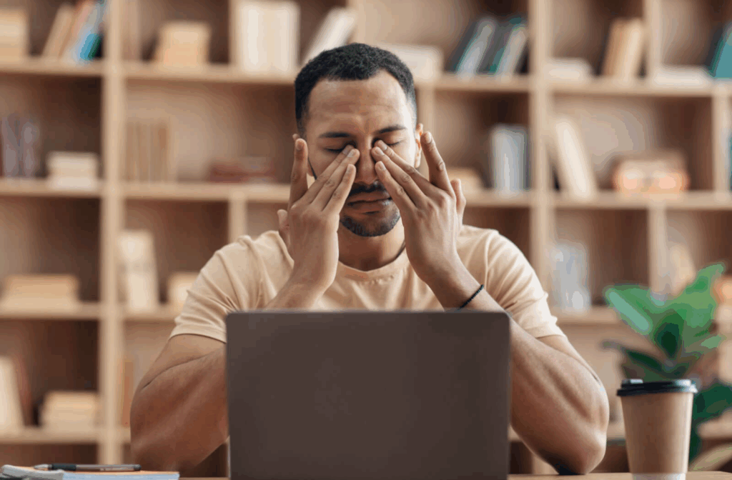 A man rubbing his eyes after staring at a screen for a long period of time.