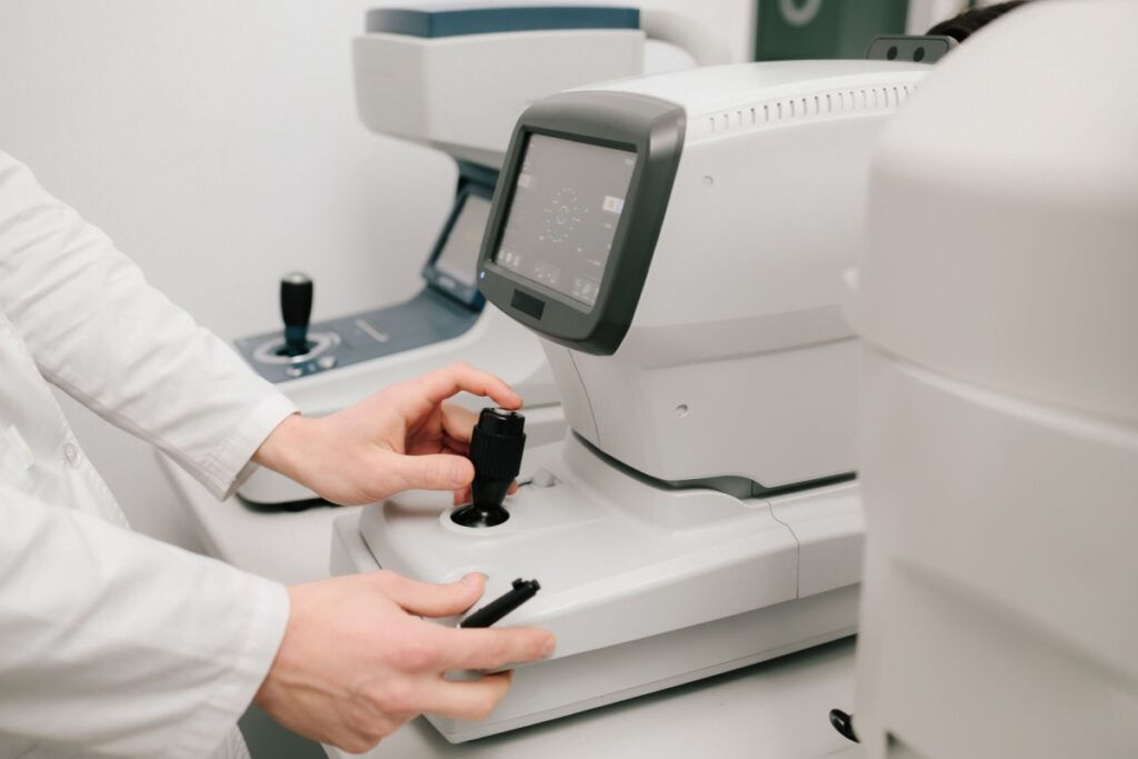 A close up of a eye test device at an optometry clinic.