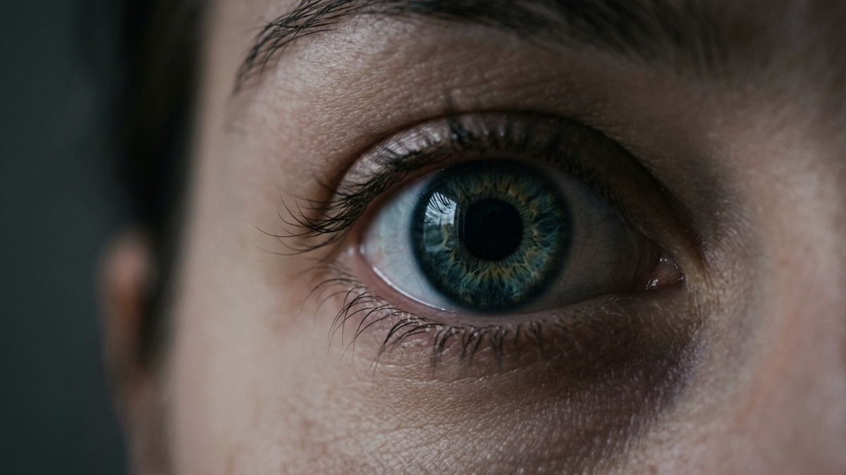 A close up of a person's eye, showing their pupil getting larger as it adjusts to darkness.