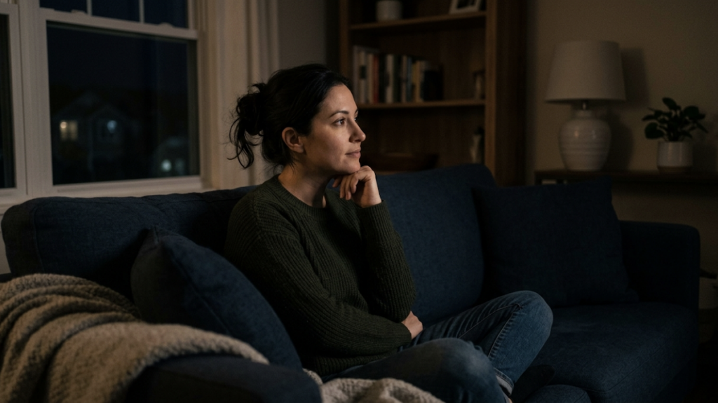 A person sitting on their couch in a darkly lit living room, having their eyes adjust to the darkness.