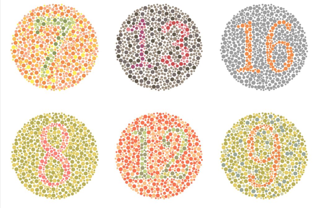A color blindness test, showing numbers of one color within a circle of another color.