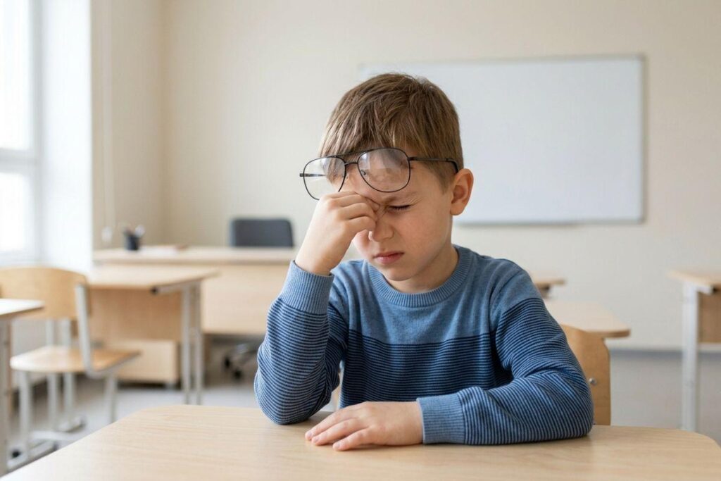A child sits at a classroom desk wearing oversized glasses, eyes closed, pinching the bridge of their nose and looking uncomfortable.