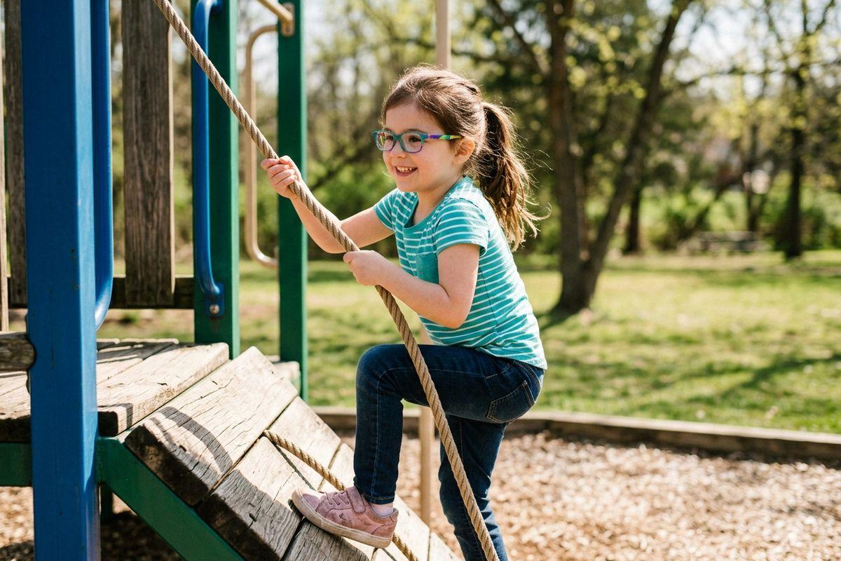 Smiling child wearing glasses uses a rope to climb a wooden playground ramp in a park.