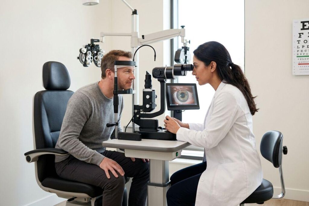 A focused optometrist examines a seated adult patient using an eye exam machine in a clinic. A small screen displays a close-up of an eye.