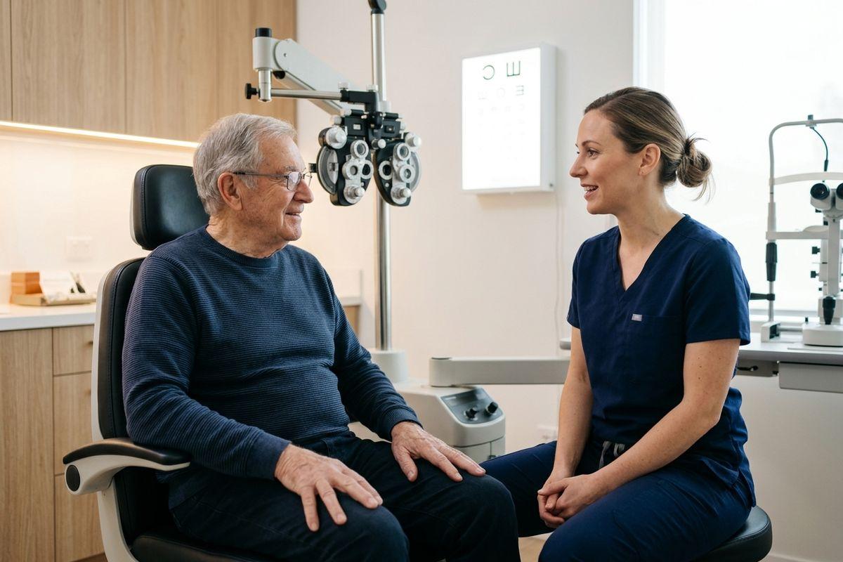 An optometrist and an older adult patient smiling at each other in an eye exam room near testing equipment.