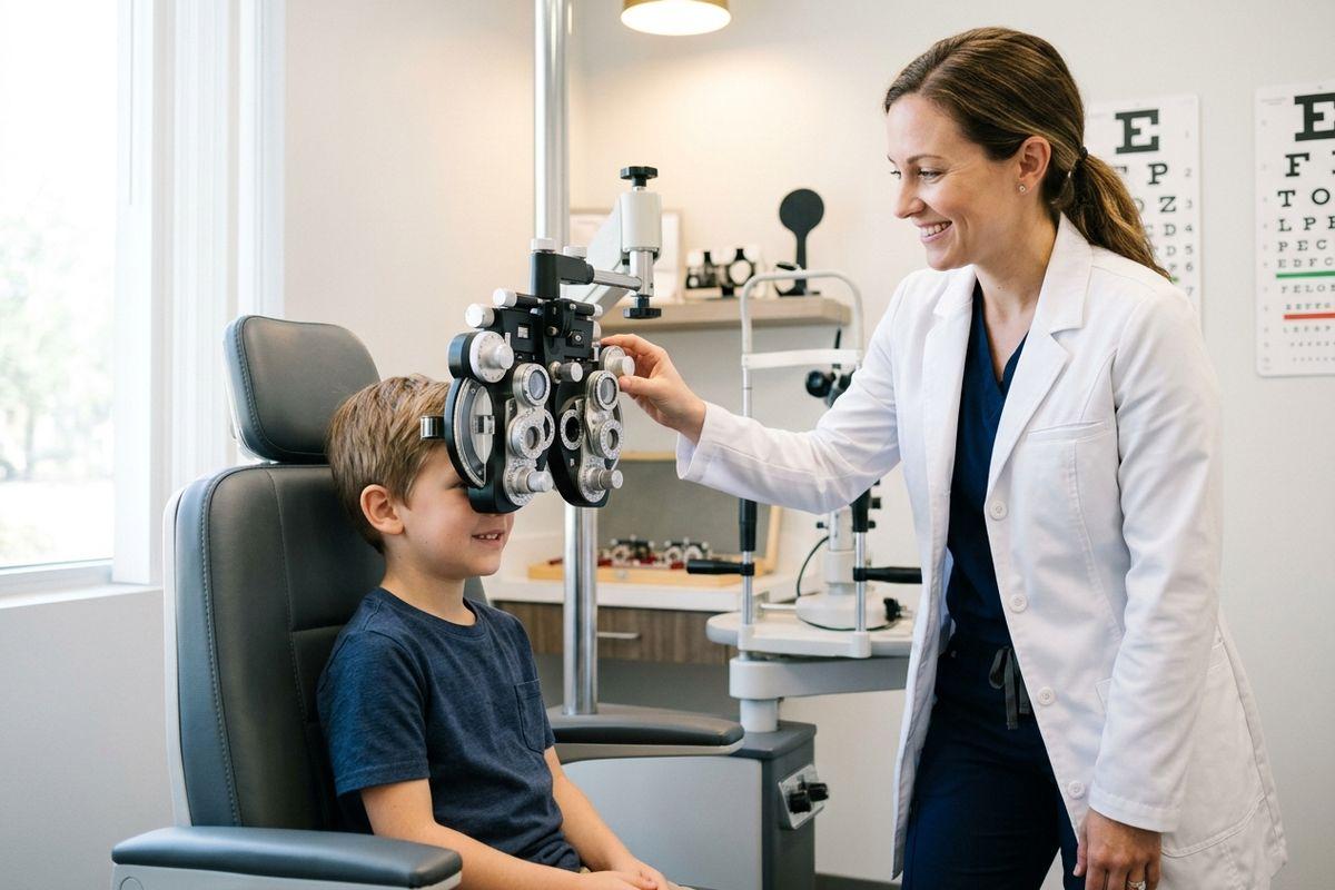 A smiling optometrist adjusts a phoropter for a child sitting in an exam chair.