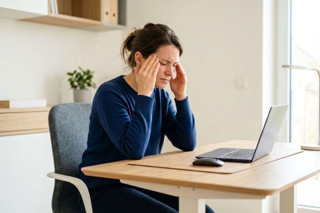 An adult sits at a desk with a laptop, eyes closed, massaging their temples with both hands.