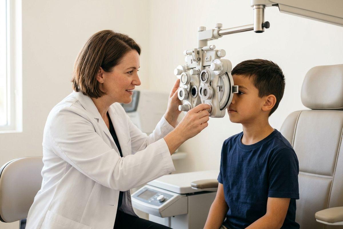 A smiling optometrist adjusts eye examination equipment while a seated child looks through the lenses.
