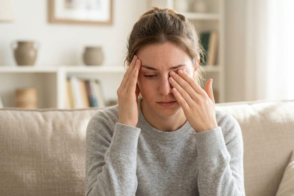 An adult sitting on a couch, looking uncomfortable while rubbing their left eye and touching their right temple.